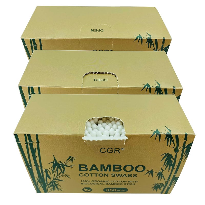 CGR 1050pcs Organic cotton Swabs, 100% Cotton Double-Tipped, Bamboo Sticks(compostable), Travel Pack(3 Pack of 350 Swabs Total) - Image 2
